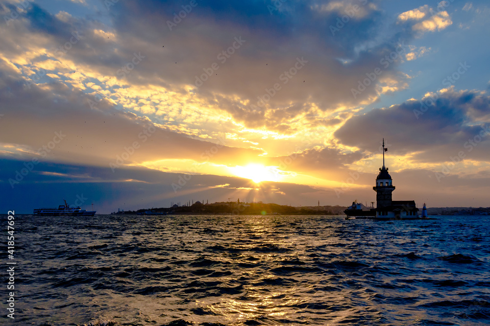 Maiden's Tower at sunset with cloudy sky