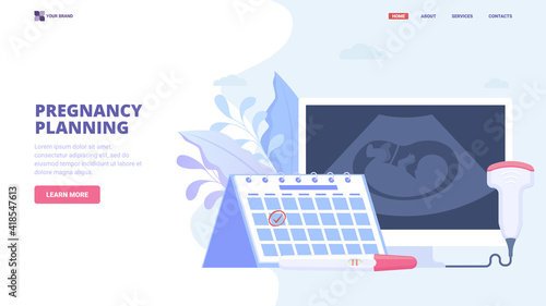 Pregnancy planing, pregnancy management, ultrasound, prenatal diagnostics, assisted reproductive technology. Concept for medical clinic, hero image, banner, landing page, web page, site design.