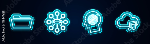 Set line Folder, Car sharing, Head hunting concept and Music streaming service. Glowing neon icon. Vector.