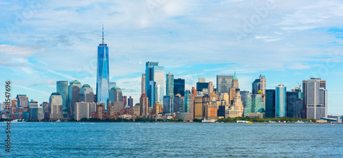 Manhattan panoramic skyline. New York City, USA. Office buildings and skyscrapers at Lower Manhattan.