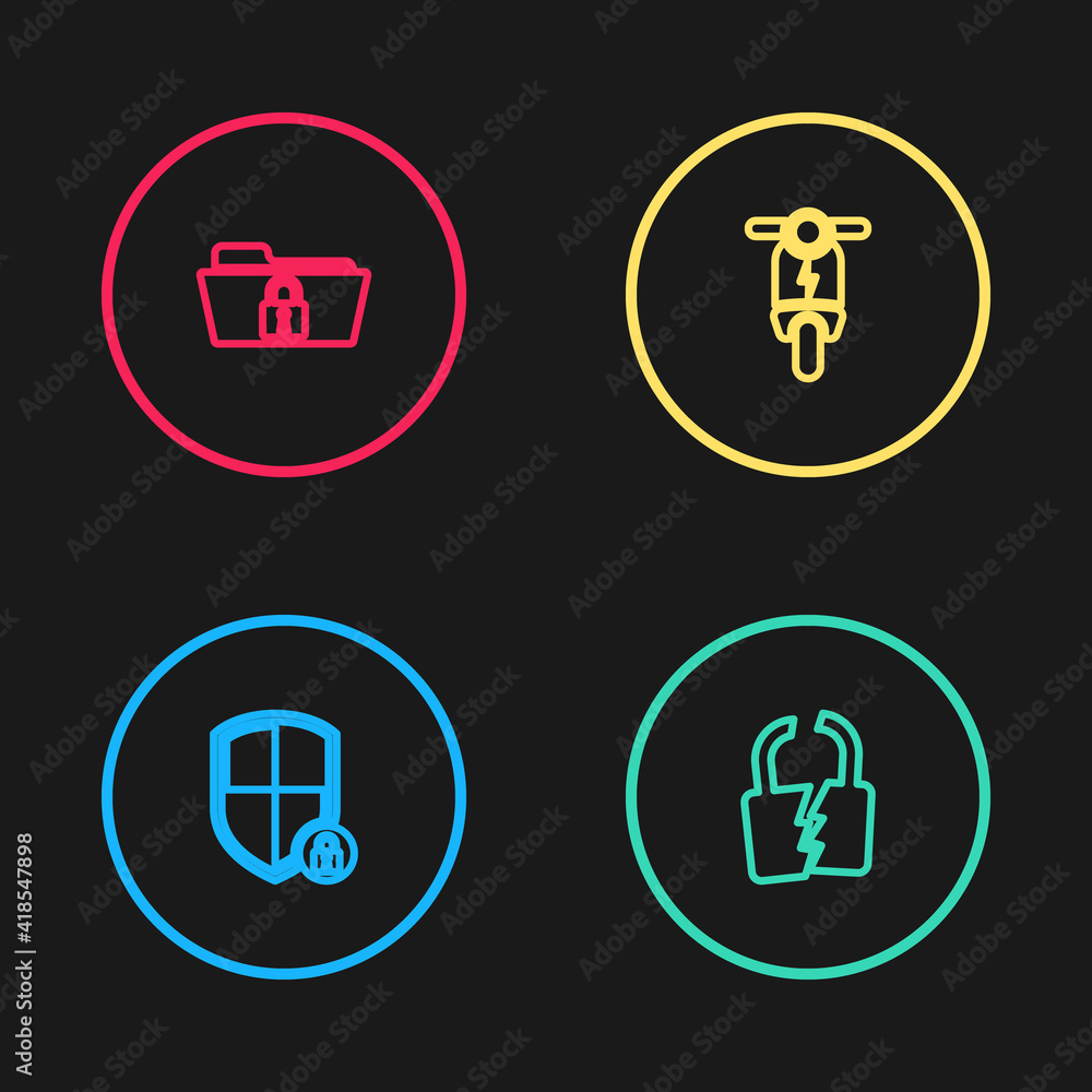 Set line Shield security with lock, Broken or cracked, Electric scooter and Folder and icon. Vector. Set line Shield security with lock, Broken or cracked, Electric scooter and Folder and icon. Vector.