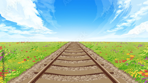 まっすぐな線路と草原の風景_背景イラスト_秋の花_16:9