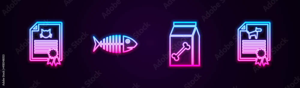 Set line Certificate for dog or cat, Fish skeleton, Bag of food pet and . Glowing neon icon. Vector. Set line Certificate for dog or cat, Fish skeleton, Bag of food pet and . Glowing neon icon. Vector.