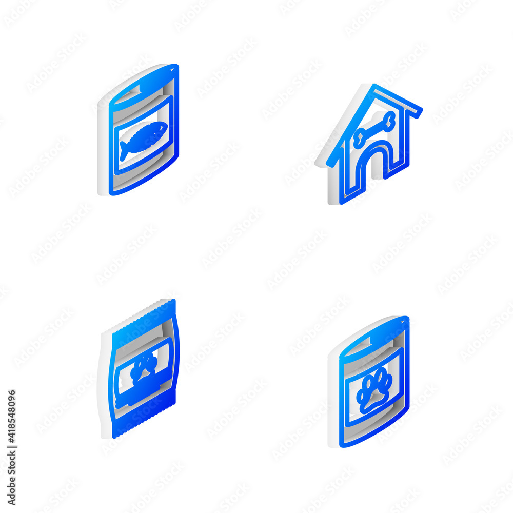 Set Isometric line Dog house and bone, Canned food for cat, Bag of pet and icon. Vector. Set Isometric line Dog house and bone, Canned food for cat, Bag of pet and icon. Vector.