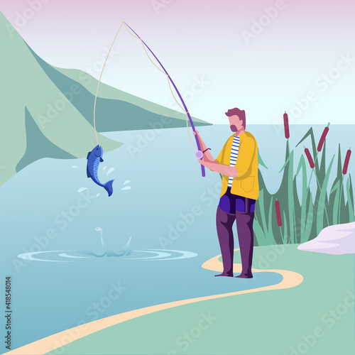 Fisherman caught a fish with rod. Fishing on a pond. Man in waders. Outdoor sport, recreation, vacation. Colourfull vector illustration. Cartoon style. 