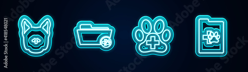 Set line Dog, Medical veterinary record folder, Veterinary clinic and Clinical pet. Glowing neon icon. Vector.