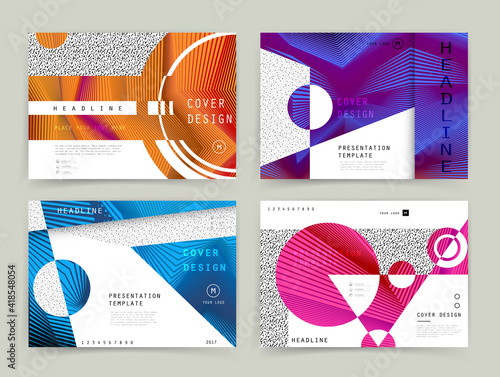Covers templates set with graphic geometric elements. Applicable for brochures, posters, covers and banners. Vector illustrations.