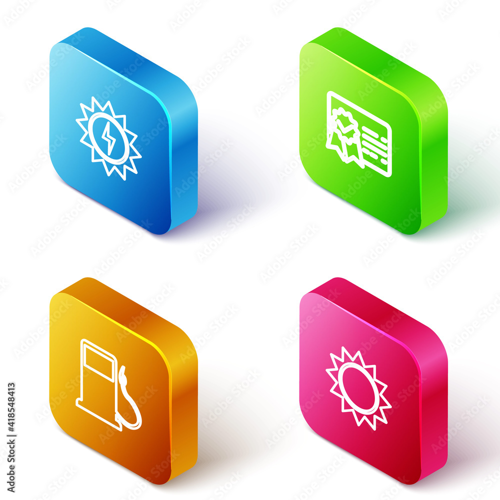 Set Isometric line Solar energy panel, Certificate template, Petrol or Gas station and Sun icon. Vector. Set Isometric line Solar energy panel, Certificate template, Petrol or Gas station and Sun icon. Vector.