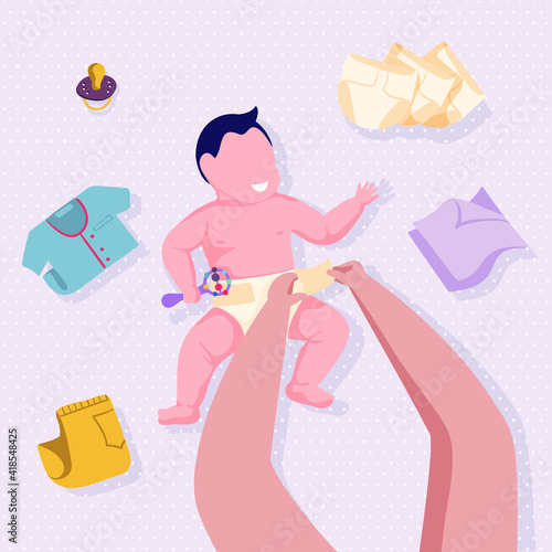 Changing diaper to baby on changing table. Happy child playing with rattle. Clean clothes, new nappy, pacifier. Top view illustration. Cartoon style vector.
