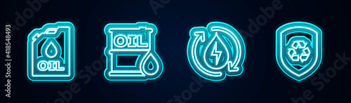 Set line Canister machine oil, Oil barrel, Recycle clean aqua and inside shield. Glowing neon icon. Vector.