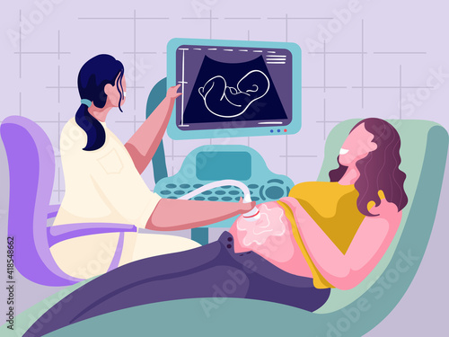 Doctor making scan pregnant woman with ultrasound machine in hospital. Ultrasound exam. Gynecologist doing belly sonography. Baby health check. Cartoon style vector.