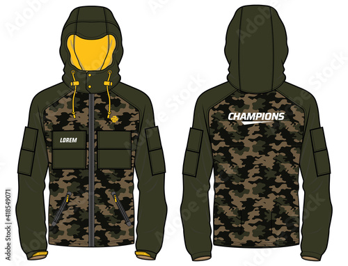 Long sleeve Camouflage Hoodie jacket design template in vector, Hooded utility jacket with front and back view, hooded winter jacket for Men and women. for training, Running and workout in winter