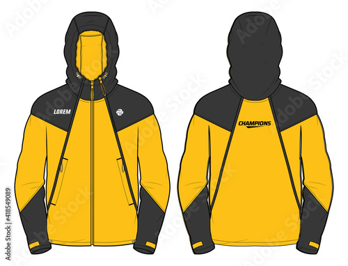 Long sleeve Hoodie jacket design template in vector, Hooded jacket with front and back view, hooded winter jacket for Men and women. for training, Running and workout in winter