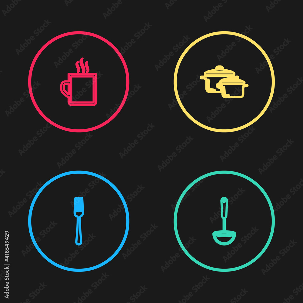 Set line Fork, Kitchen ladle, Cooking pot and Coffee cup icon. Vector. Set line Fork, Kitchen ladle, Cooking pot and Coffee cup icon. Vector.
