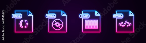 Set line CSS file document, WMA, XLS and HTML. Glowing neon icon. Vector.