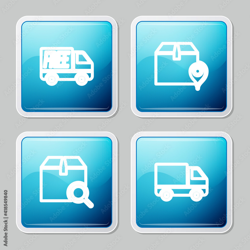 Set line Free delivery service, Location with cardboard box, Search package and Delivery cargo truck vehicle icon. Vector. Set line Free delivery service, Location with cardboard box, Search package and Delivery cargo truck vehicle icon. Vector.