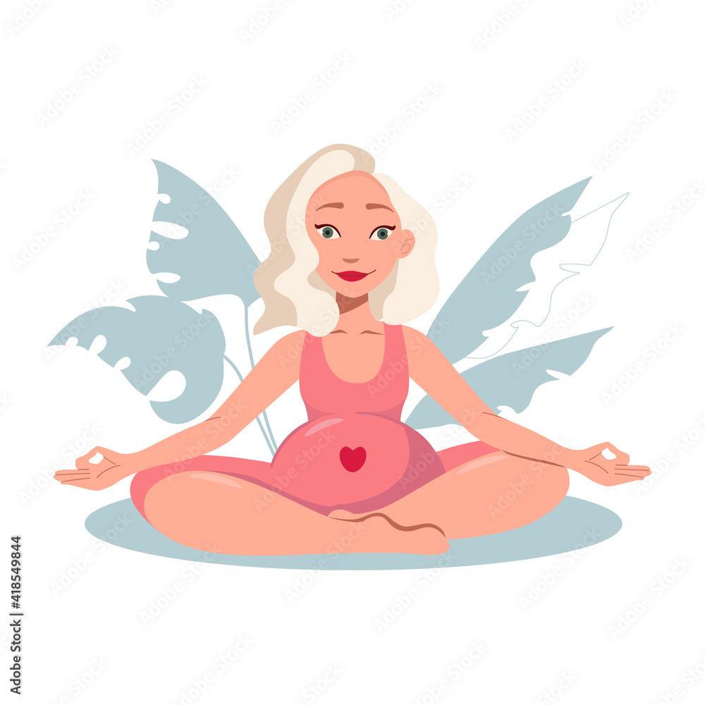Pregnant woman doing prenatal yoga. Pregnancy health concept. Pregnant woman sitting in lotus meditation, with mudra hands. Active well fitted pregnant female character. Happy pregnancy.
