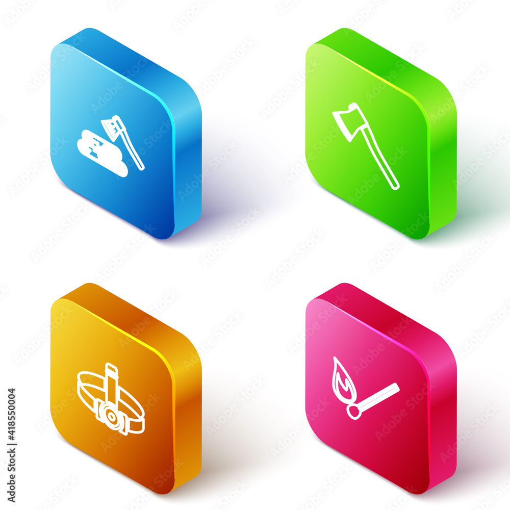 Set Isometric line Wooden axe and wood, , Head flashlight and Burning match with fire icon. Vector.
