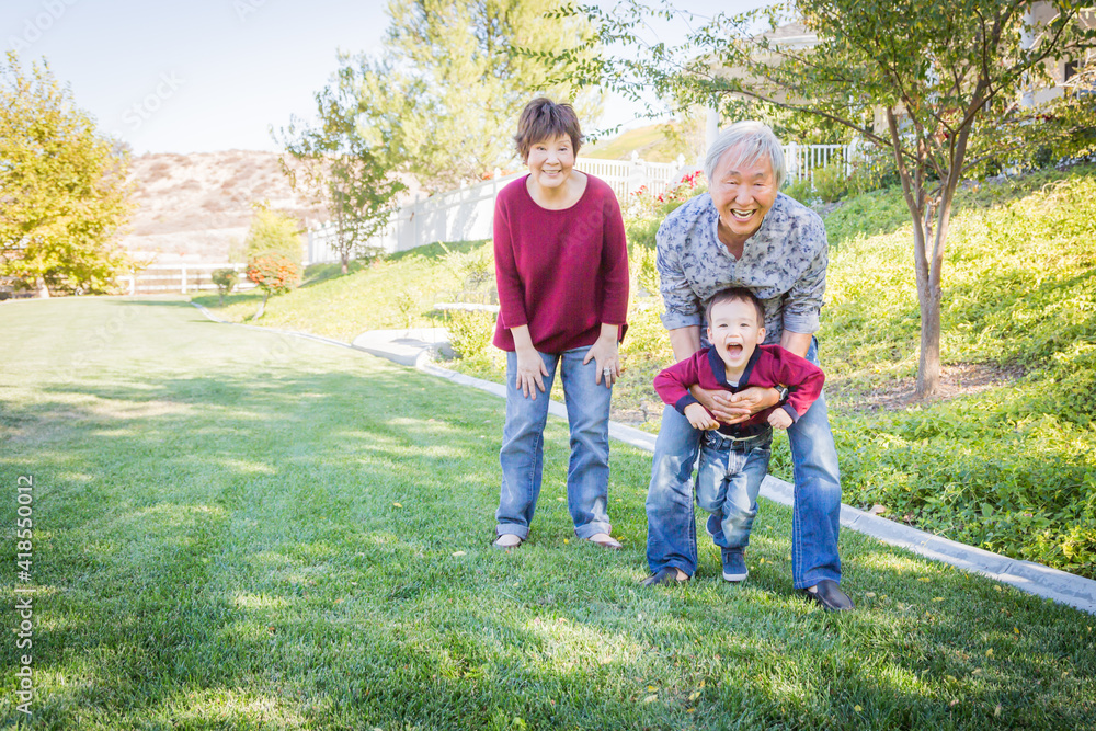 Fototapeta premium Happy Chinese Grandparents Having Fun with Their Mixed Race Grandson Outside