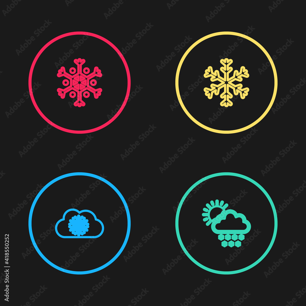 Set line Cloud with snow, and sun, Snowflake and icon. Vector. Set line Cloud with snow, and sun, Snowflake and icon. Vector.