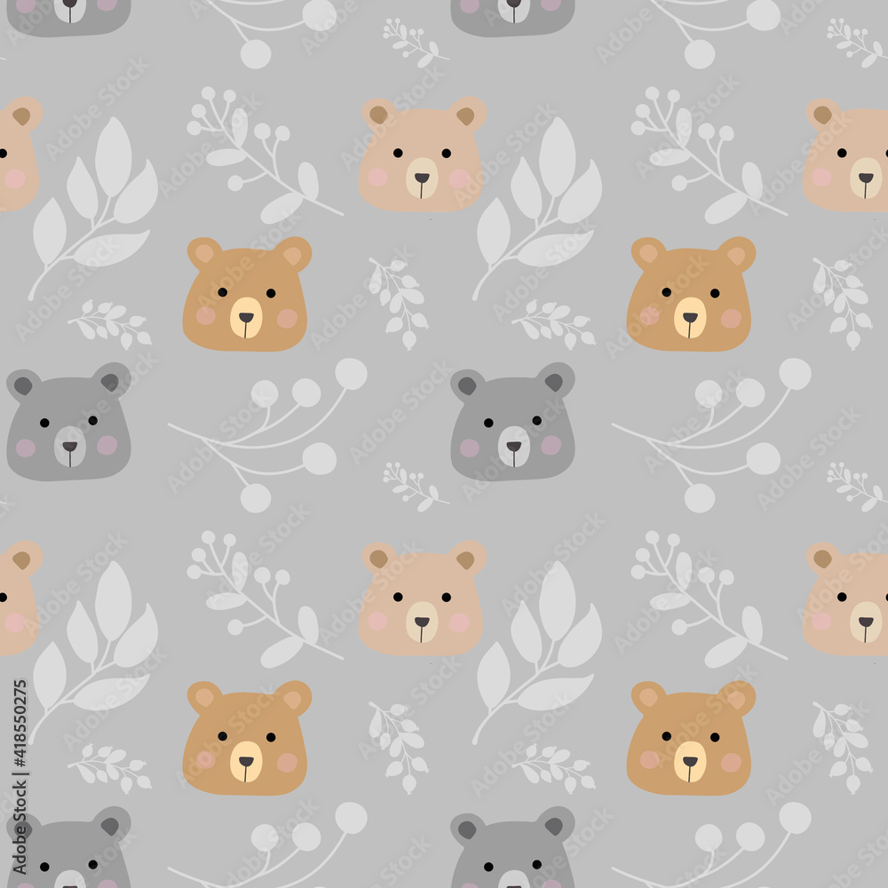 Seamless childish pattern with cute bears and plant branches. Baby texture for fabric, wrapping, textile, wallpaper, clothing. Vector illustration Seamless childish pattern with cute bears and plant branches. Baby texture for fabric, wrapping, textile, wallpaper, clothing. Vector illustration
