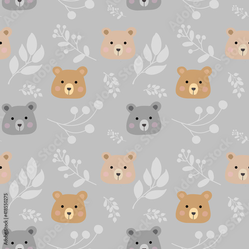 Seamless childish pattern with cute bears and plant branches. Baby texture for fabric, wrapping, textile, wallpaper, clothing. Vector illustration