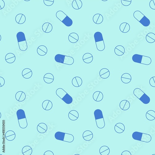Seamless monochrome pattern in blue colors depicting pills in a flat design.