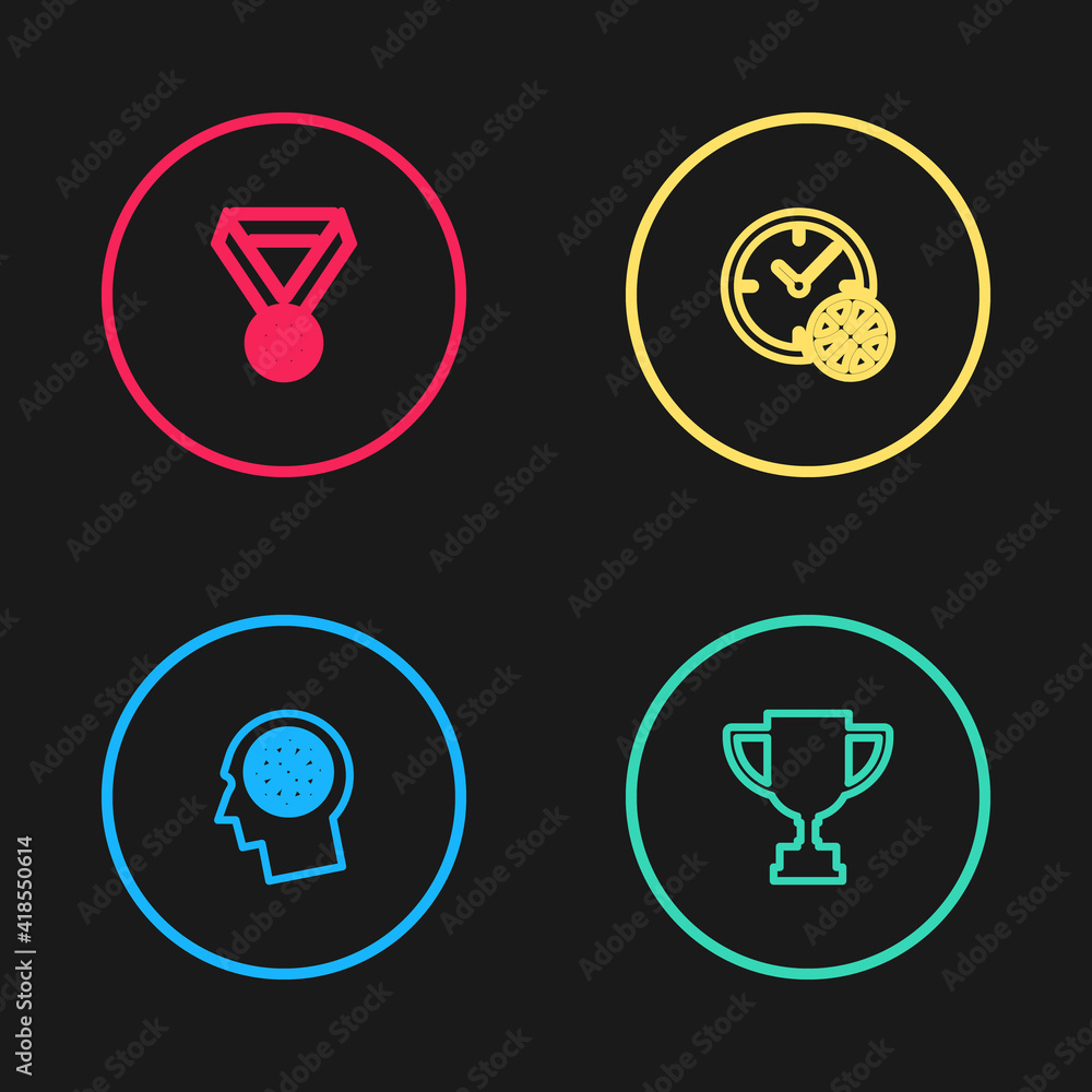 Set line Thoughts on a basketball, Award cup, Clock with and Basketball medal icon. Vector. Set line Thoughts on a basketball, Award cup, Clock with and Basketball medal icon. Vector.
