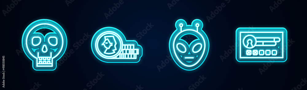 Set line Skull, Coin for game, Alien and Create account screen. Glowing neon icon. Vector. Set line Skull, Coin for game, Alien and Create account screen. Glowing neon icon. Vector.