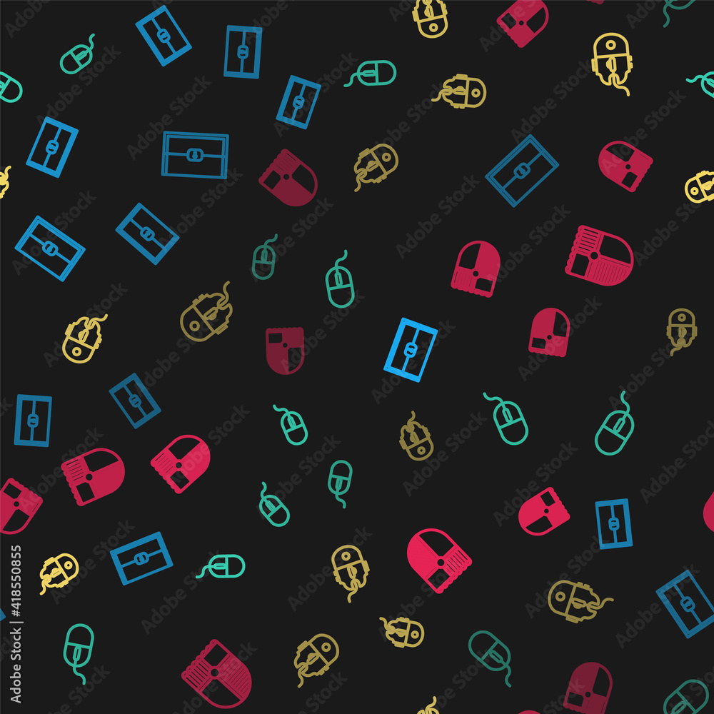 Set line Chest for game, Computer mouse, gaming and Shield on seamless pattern. Vector. Set line Chest for game, Computer mouse, gaming and Shield on seamless pattern. Vector.