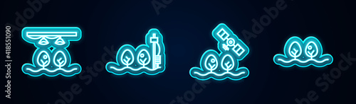 Set line Smart farm with bulb and plant, Standalone sensor, drone and Plant. Glowing neon icon. Vector.