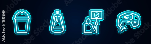 Set line Paper glass water, Bottle for dishwashing liquid, Nature saving protest and Environment protection whale dead. Glowing neon icon. Vector.