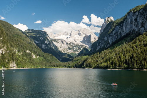 Scenery with Dachstein mountain at beautiful Gosausee, Salzkammergut, Austria in the Alps