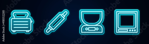 Set line Toaster with toasts, Rolling pin, Electronic scales and . Glowing neon icon. Vector.