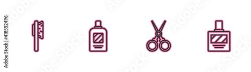 Set line Hairbrush, Scissors hairdresser, Bottle of shampoo and Aftershave icon. Vector.