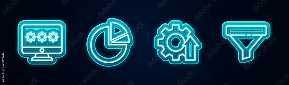 Set line Monitor with password, Pie chart infographic, Arrow growth gear and Sales funnel. Glowing neon icon. Vector. Set line Monitor with password, Pie chart infographic, Arrow growth gear and Sales funnel. Glowing neon icon. Vector.