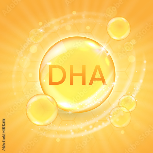 DHA from omega-3 fatty acid supplement, shiny oil vitamin capsule. Fish oil droplet design template for advertisement or branding. Realistic vector illustration of golden essence bubble