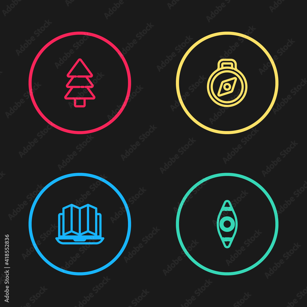 Set line Location of the forest in laptop, Kayak canoe, Compass and Tree icon. Vector. Set line Location of the forest in laptop, Kayak canoe, Compass and Tree icon. Vector.