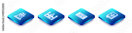 Set Isometric line Stage stand or tribune, Muslim Mosque, Traditional carpet and Holy book of Koran icon. Vector.