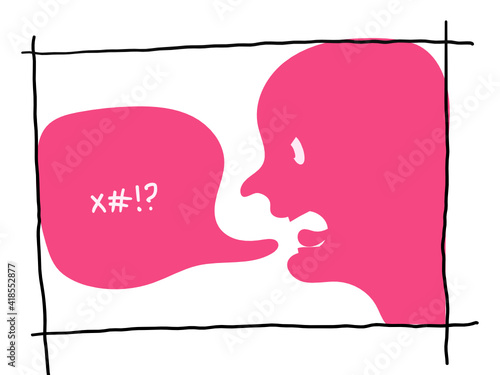 Silhouette of the head of a swearing man. The man screams in anger with obscene words. Obscene language.