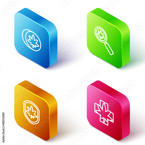 Set Isometric line Herbal ecstasy tablets, Magnifying glass and marijuana, Shield leaf and Medical or cannabis icon. Vector.