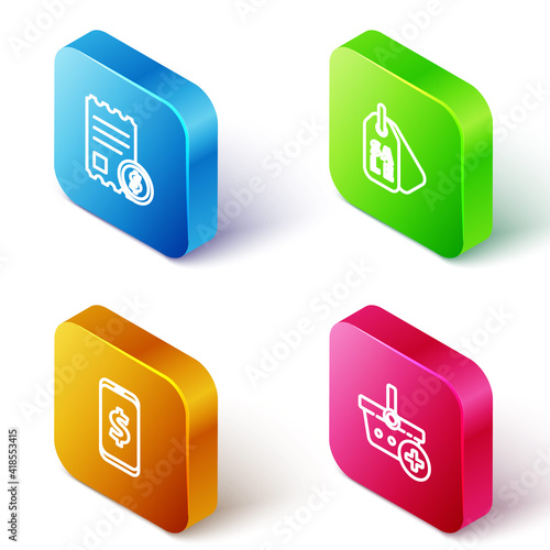 Set Isometric line Paper check and financial check, Price tag with Sale, Smartphone dollar and Add to Shopping basket icon. Vector.