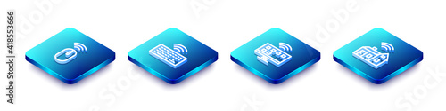 Set Isometric line Wireless mouse, keyboard, Smart Tv system and home with wireless icon. Vector.