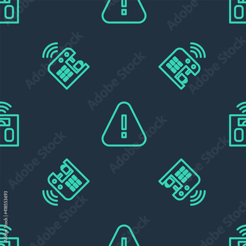 Set line Exclamation mark in triangle, Smart coffee machine and bathroom scales on seamless pattern. Vector.