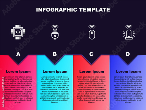 Set line Processor with microcircuits CPU, Smart electric plug, Wireless mouse and flasher siren. Business infographic template. Vector.