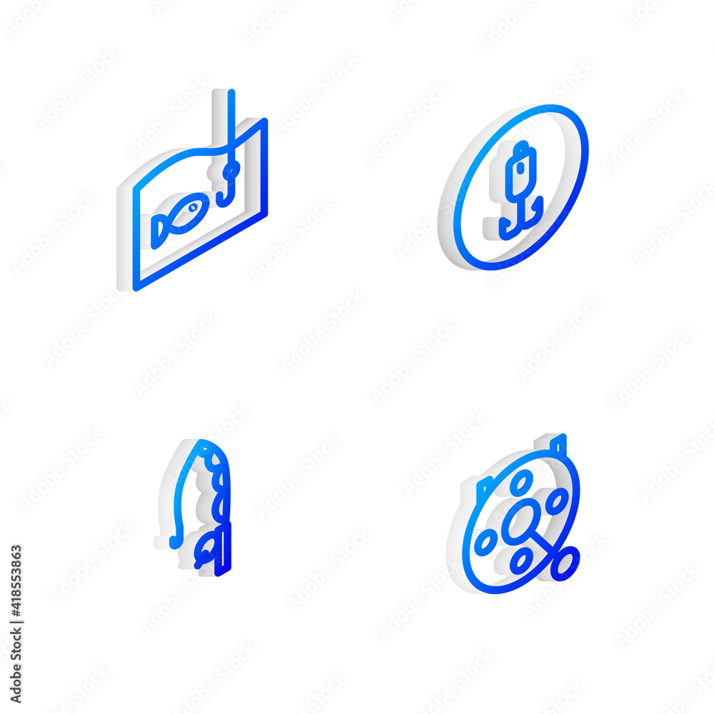 Set Isometric line Fishing hook, with fish, rod and Spinning reel for fishing icon. Vector. Set Isometric line Fishing hook, with fish, rod and Spinning reel for fishing icon. Vector.