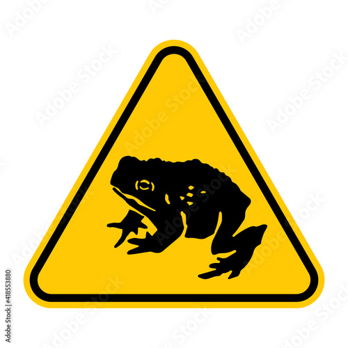 Migratory toad crossing warning road sign. Vector illustration of yellow triangle warning sign with frog icon inside. Migration and save frogs. Risk of accident with amphibian. Caution symbol.