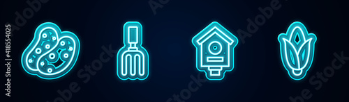 Set line Potato, Garden rake, Bird house and Corn. Glowing neon icon. Vector.