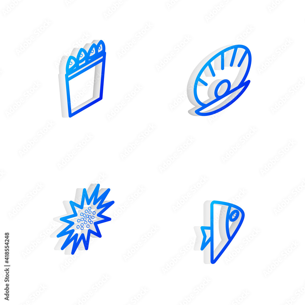 Set Isometric line Shell with pearl, Fishing bucket fishes, Sea urchin and icon. Vector. Set Isometric line Shell with pearl, Fishing bucket fishes, Sea urchin and icon. Vector.