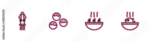 Set line Octopus, Soup with shrimps, Takoyaki and Puffer fish soup icon. Vector.